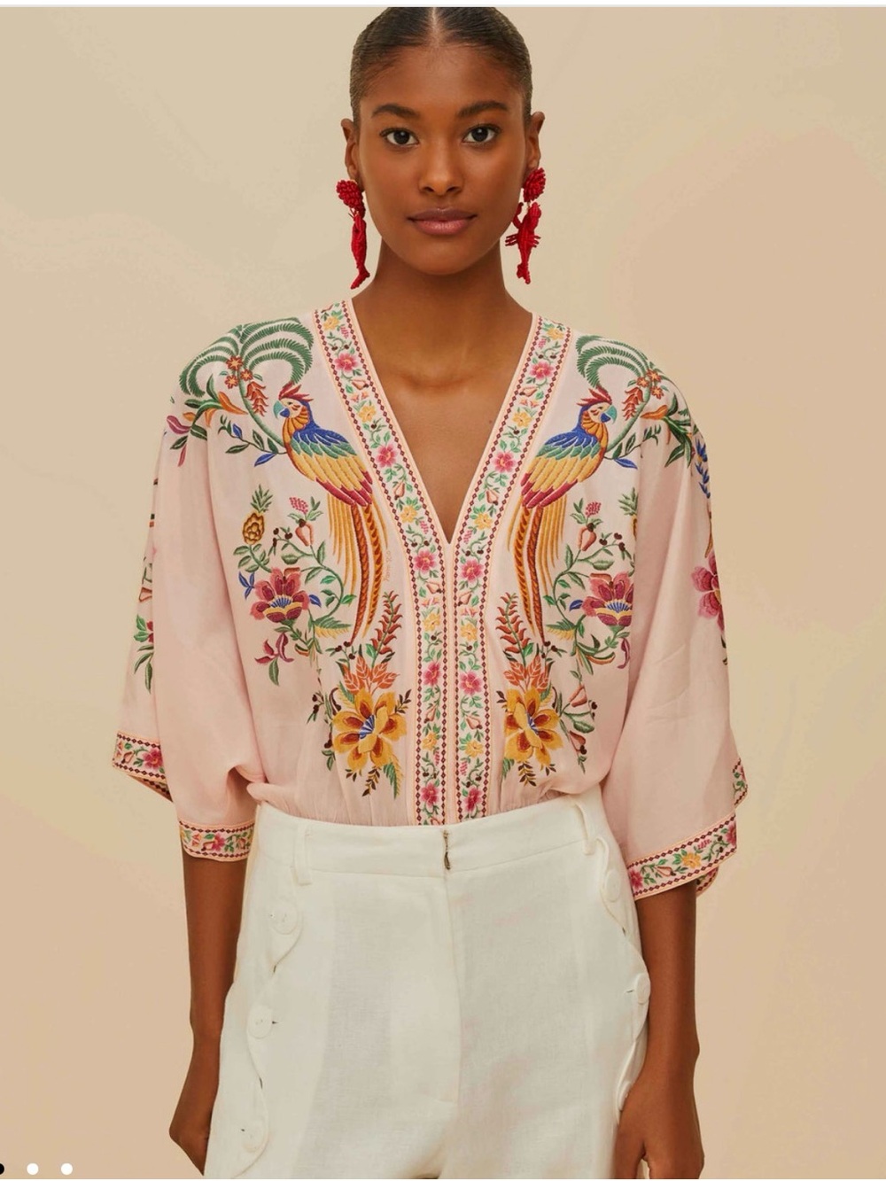 FARM Rio Pink Embroidered Parrot V-Neck Tunic